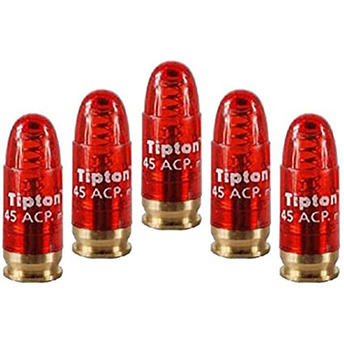 Tipton Snap Caps for pistol 45 ACP beskytter tennstiften, ideelle for justering av avtrekk og avlastning av hammerfjærer ved lagring av våpen.