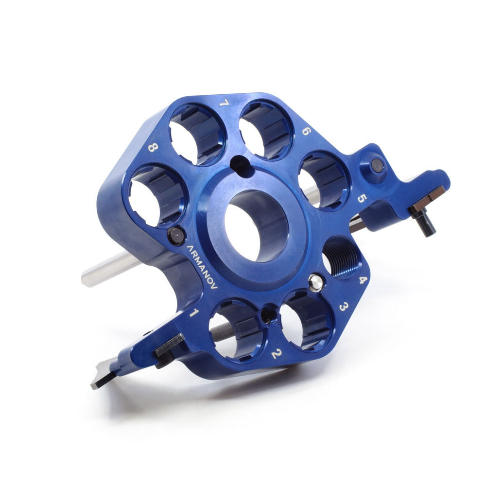 ARMANOV Toolhead for Dillon Super 1050 gir rask diebytte med Hornady Lock-N-Load, integrert LED-lys, høy presisjon og stivere konstruksjon.