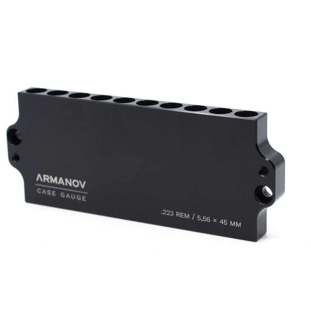 Armanov Case Gauge for .223 REM gir deg presisjon og rask sortering av patroner, er stabelbar og reduserer testingstiden betydelig med 10 rom.