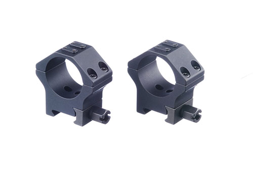 ERATAC Two-Piece Ring Mounts i 30 mm med justerbare aluminium sikkerhetsheiser, tilbyr rask montering, solid lås og støtte for sekundære optikker.