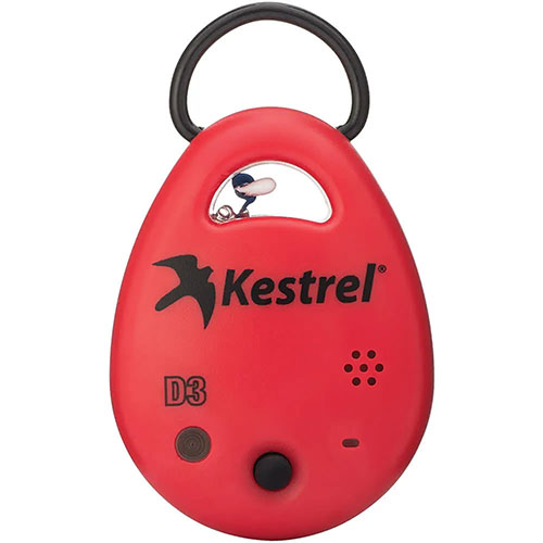 Kestrel DROP D3 gir nøyaktige målinger av temperatur, fuktighet og trykk, perfekt for langdistanseskyting og luftfart, med robust, vanntett design.