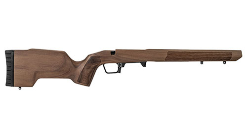 MDT TIMBR CORE kombinerer unik valnøttkonstruksjon med en aluminium micro-chassis for stabilitet, presisjon og komfort, perfekt for jakt og målskyting.