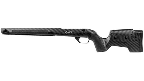 MDT CRBN Rifle Stock er lett og slitesterk, med stabil magnesium micro chassis, ARCA-skinne, og justerbar lengde for optimal komfort under lange jakter.