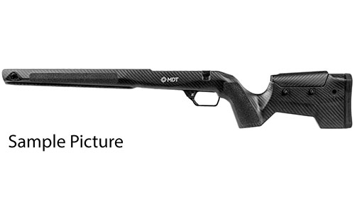 MDT CRBN Rifle Stock er lett og holdbar, med stabil V-block bedding, ARCA-skinne, M-LOK, og justerbar lengde for optimal komfort under lange jakter.