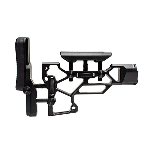 MDT Skeleton Rifle Stock, V5 Short gir verktøyløs justering for optimal komfort og ytelse, med tilpasning av cheek riser og buttpad for perfekt passform.