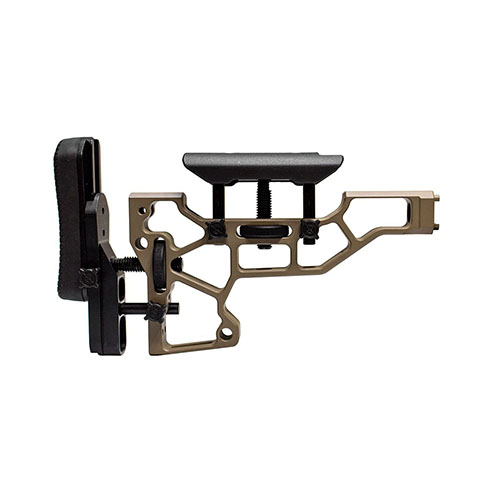 MDT Skeleton Rifle Stock gir verktøyløs justering for optimal komfort og ytelse, med justering av kinnstøtte og kolbe for perfekt tilpasning til din skytestilling.