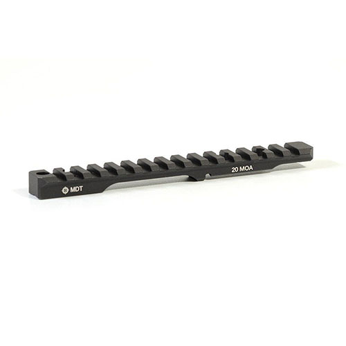 MDT Picatinny Scope Base 20 MOA er laget av 6061-T6 aluminium, hard-anodisert for holdbarhet, og gir ekstra høydejustering for presis optikkmontering.
