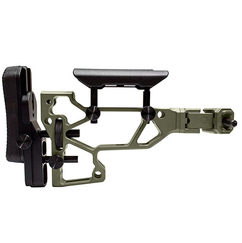 MDT Folding Rifle Stock gir verktøyløs justering for optimal komfort og ytelse, med justerbar kinnstøtte og bakstøtte, samt kortere kropp for riktig LOP.