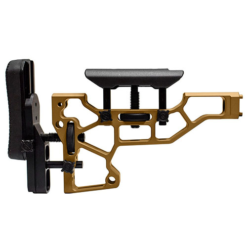 MDT Skeleton Rifle Stock tilbyr verktøyløs justering for optimal komfort og ytelse, med tilpasning av cheek riser og buttpad for perfekt passform til ACC/ESS chassiser.