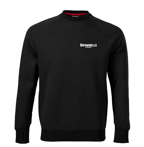 Brownells Europe Sweatshirt Unisex har en strukturert passform, slitesterke raglanermer, tommelhull for ekstra varme og elastisk ribbestrikk for komfort.