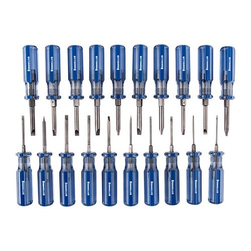 Brownells Fixed-Blade Screwdriver Sets tilbyr presise, slitesterke verktøy med ergonomiske håndtak og parallel-ground blades for optimal grep og effektivt arbeid.