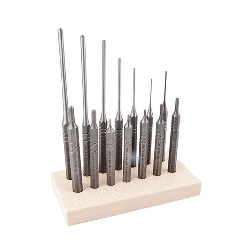 Brownells Complete Premium Roll Pin 14-Punch Set gir presise verktøy for installasjon og fjerning av roll pins, med slitesterke stålverktøy og organisert lagring.