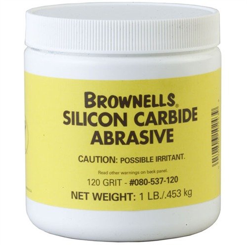 SILICON CARBIDE ABRASIVE GRIT fra BROWNELLS er en fin slipepulver som gir en glansfull finish på metalldeler, perfekt for våpensmidde.
