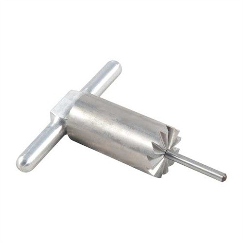 Herdet stål 90° muzzle facing cutter retter opp og kvadrerer munningskanter, inkludert håndtak og pilot i en praktisk boks. Kjøp ekstra piloter for flere kalibre.