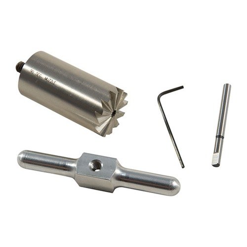 Herdet stål 90° muzzle facing cutter kvadrerer og reparerer munningskader, inkluderer håndtak og pilot i en praktisk boks, med ekstra piloter tilgjengelig.