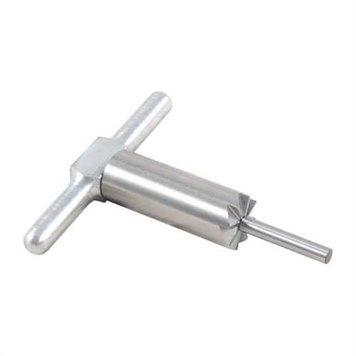 Herdet stål 90° muzzle facing cutter for å kvadrere og reparere munningskader. Inkluderer håndtak og pilot, alt i en praktisk boks.