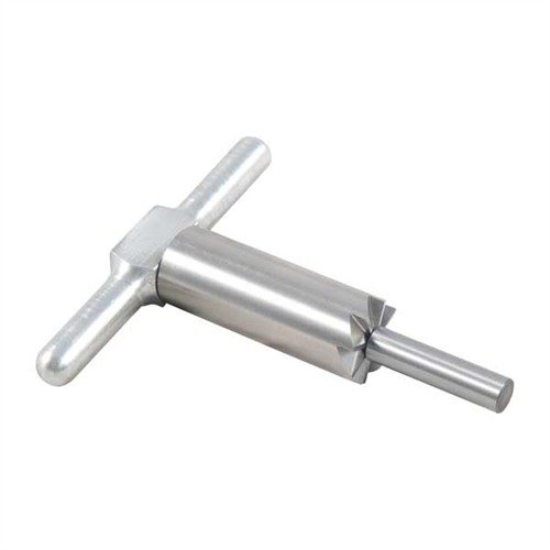 Herdet stål 90° muzzle facing cutter for å kvadrere og reparere munningskader, inkludert håndtak og pilot, alt i en praktisk boks.