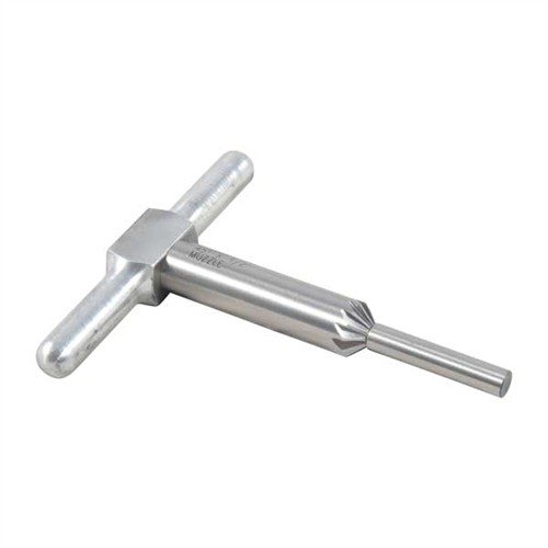 45° chamfering cutter for rene kanter og revolverkammer, inkluderer håndtak og pilot i en praktisk boks; kjøp ekstra piloter for flere kalibre.