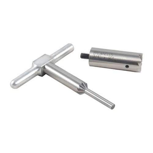 Dette settet inkluderer en 90° facing cutter og en 45° chamfering cutter for å justere og chamfre munningskanter på rifler og håndvåpen.
