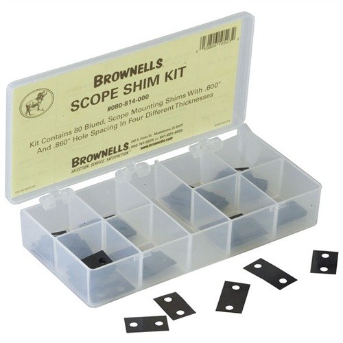 SCOPE SHIM KIT fra BROWNELLS gir en økonomisk og praktisk løsning med 80 shims i ulike tykkelser og avstander for perfekt justering av kikkertsikte.