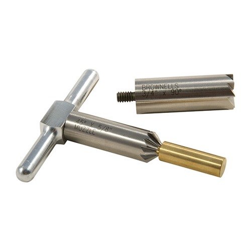 Sett inkluderer 90° facing cutter for å kvadrere munnings etter forkortning og 45° chamfer cutter for ren kuleutgang, med justerbar brass bore pilot.