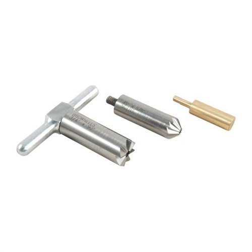 BRASS ONE CALIBER SET gir mulighet til presis kvadrering og chamfering av våpenmuzzles, med utskiftbare piloter for flere kalibre og enkel håndtering.
