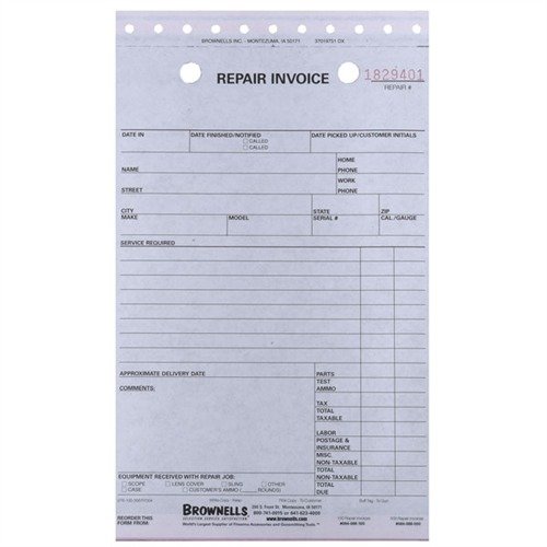 Få orden på reparasjoner med våre 3-delte REPAIR LOG BOOKS fra Brownells. Plass til kundeinfo, arbeid utført og logo, uten søl fra karbonpapir.