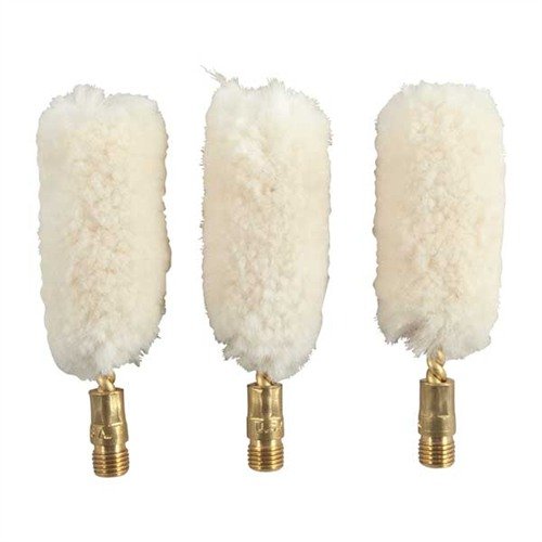 Wool Bore Mops fra Brownells er ideelle for våpenrengjøring; de holder mye rengjøringsmiddel og olje, og tilpasser seg lett riflinggroper uten å ripe.