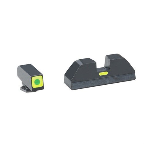 Ameriglo CAP Night Sight-set gir rask sikting med lysende grønn tritium front og svart bak med horisontal linje, perfekt for presise skudd med Glock.