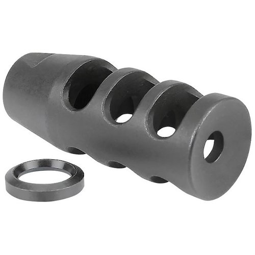 AR-15 Muzzle Brake med tre kammer reduserer betydelig oppdrift, laget av verktøystål med fosfatfinish, 1/2-28 gjenger, inkluderer ny crush washer, 100% laget i USA.