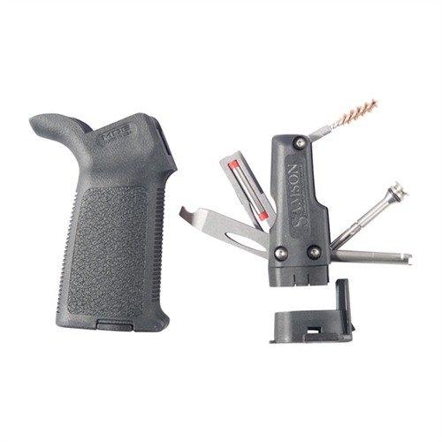 AR-15 MOE Grip med Field Survival Tool tilbyr en kompakt verktøykasse for nødreparasjoner, med flere nyttige verktøy og et komfortabelt, støtdempende grep.