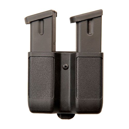 DOUBLE MAG CASE fra BLACKHAWK har plass til to magasiner med innebygd spenningsfjær for sikker oppbevaring, justerbar beltespenne og passer til 9mm/.40 Cal/.45 Cal/10mm/357 Sig.