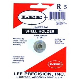 LEE UNIVERSAL SHELLHOLDER #5 er en allsidig patronholder som passer til de fleste reloading presses, men fungerer ikke med Lee Auto Prime.