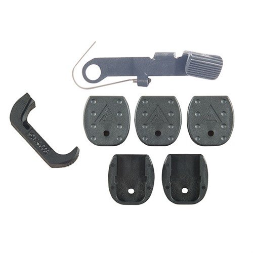 VICKERS GLOCK ACCESSORY PACK-GEN 4 gir raskere magasinbytter med et utvidet magasinutløser, holdbare gulvplater og en forbedret tommelpute for bedre grep.