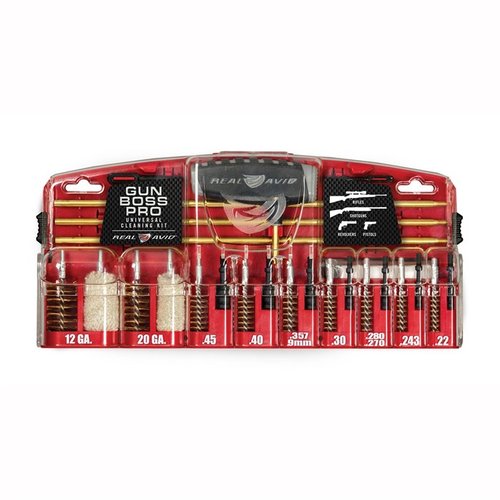 Real Avid Gun Boss Pro Universal Cleaning Kit gir deg alt du trenger for å rengjøre rifler, pistoler og hagler i populære kalibre, inkludert 50 rengjøringslapper.