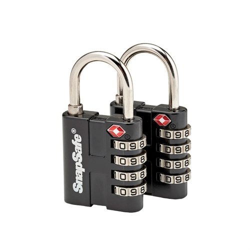 Sikre eiendelene dine med SNAP SAFE TSA PADLOCK 2-PACK; 4-sifret kombinasjon, metallkonstruksjon og TSA-godkjent for enkel inspeksjon uten skade.