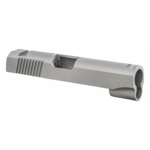 1911 Commander Slide fra Fusion Firearms, presisjonsmaskinert i 4140 Bar-Stock, med tykk bakserratering og dovetail sight cuts for 45acp og 9mm/38super.