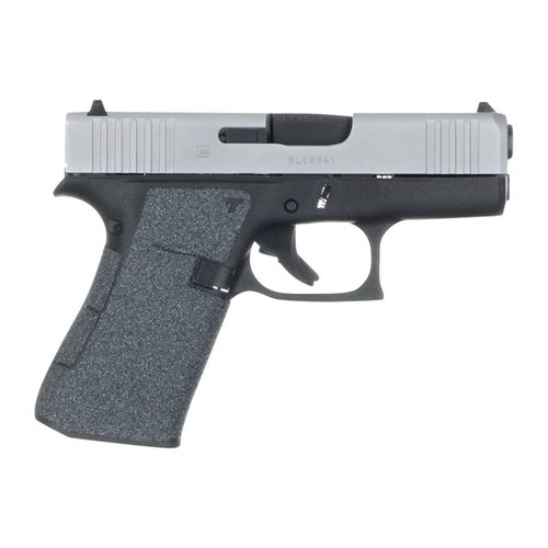 TALON Grips for Glock 43X/48 gir full dekning på sidepanelene, høy dekning på bakstykket og under avtrekkeren, med 'GLOCK'-utskjæring og TALON 'T' logo.