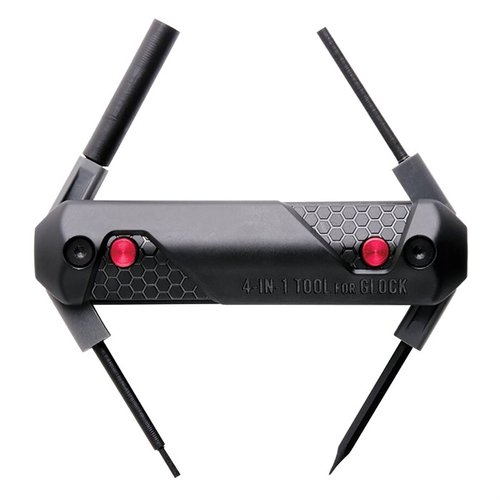 Real Avid 4-i-1 verktøy for Glock® er en moderne, ergonomisk løsning med 4 verktøy som enkelt låses på plass for å skifte sikter og demontere våpen.