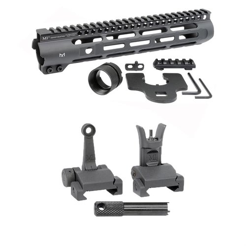 AR-15 Slim Line Handguards med Flip-Up Combat Sights gir M-LOK festepunkter, Picatinny-skinne og justerbare sikter for bedre presisjon og brukervennlighet.