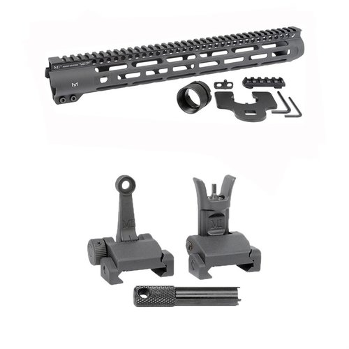 Midwest Industries AR-15 Slim Line Handguard med M-LOK og Flip-Up Combat Sights gir økt railplass og enkel justering for presise skudd.