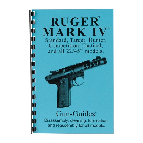 RUGER® Mark IV® guide med 26 sider, 69 bilder, komplett deloversikt og oppgraderinger. Enkel å bruke med liggende bind, perfekt for rengjøring og montering.