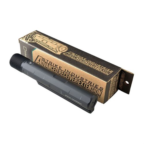Strike Industries Advanced Receiver Extension gir økt funksjonalitet og estetikk, reduserer friksjon, og er laget av sterk 7075-T6 aluminium for bedre ytelse.