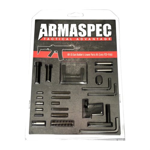 Armaspec Stainless Steel Gun Builder’s Lower Parts Kit for .223/5.56 tilbyr høy kvalitet og holdbarhet med omfattende komponenter, unntatt avtrekker og grep.