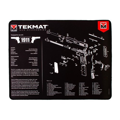 TekMat Ultra 20 Pistol Cleaning Mat er vanntett, ripebestandig og inkluderer detaljerte diagrammer for enkel demontering og montering av pistol.