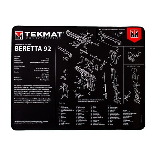 TekMat Ultra 20 Pistol Cleaning Mat er vanntett, ripefast og kjemikalieresistent, med diagrammer for enkel demontering og montering av Beretta 92.