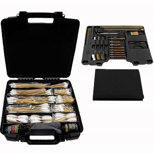 PROFESSIONAL GUN CLEANING MASTER KIT fra RAMRODZ INC. tilbyr alt du trenger for effektiv rengjøring av våpen, inkludert børster, løsninger og presisjonssvamper.