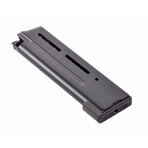 Wilson Combat ETM 9mm 1911 magasiner tilbyr pålitelighet, enkel lasting, og positiv lås med 9 eller 10 skudd kapasitet, perfekt for konkurranse og taktisk bruk.
