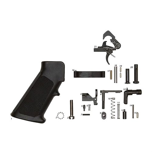 Komplett AR-15 Lower Parts Kit med QMS Trigger, inkludert alle nødvendige deler for montering, tilgjengelig med eller uten grep for optimal tilpasning.