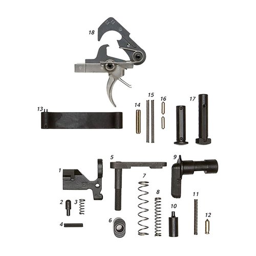 Komplett AR-15 Lower Parts Kit med ACT Trigger, inkludert alle nødvendige deler for montering, tilgjengelig med eller uten grep for optimal tilpasning.